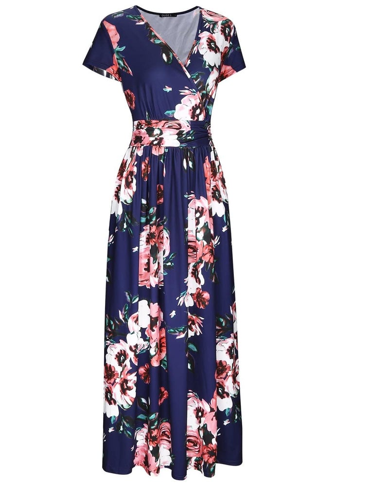 OUGES Women's V-Neck Pattern Pocket Maxi Long Dress(Floral-7,L) Red Flowers - Image 4